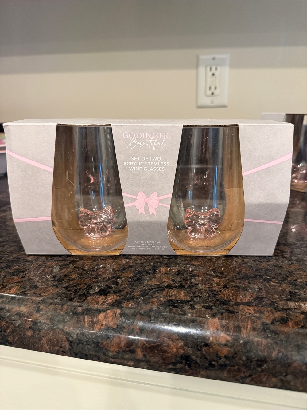 Godinger Pink-Tinted Acrylic Stemless Wine Glasses with Bow Accent - Set of 2